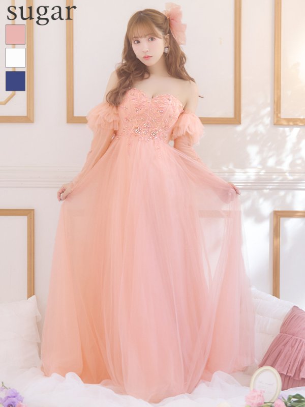 Lサイズあり【JEAN MACLEAN/ジャンマクレーン】2way/ 袖付き/ ラメ/ チュール/ ベア/ ビーズ刺繍/ フレア/ ロングドレス/ キャバドレス ピンクベージュ