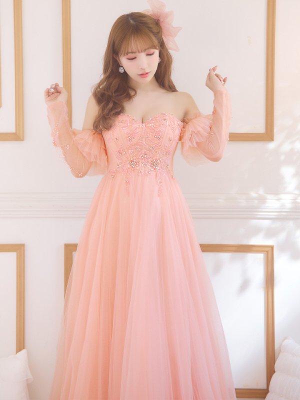 画像13: Lサイズあり【JEAN MACLEAN/ジャンマクレーン】2way/ 袖付き/ ラメ/ チュール/ ベア/ ビーズ刺繍/ フレア/ ロングドレス/ キャバドレス long[OF2A] (13)