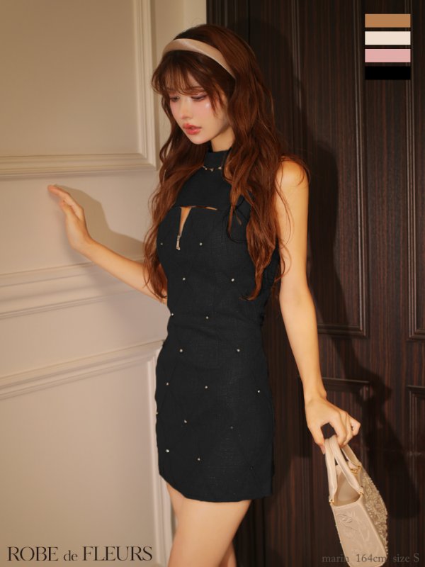 画像1: XSサイズあり【ROBE de FLEURS/ローブドフルール】ビジュー/ バストジップ/ タイト/ ミニドレス/ キャバドレス[OF08] (1)