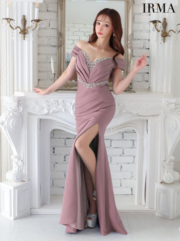 画像4: Lサイズあり【IRMA/イルマ】マーメイド/ オフショルダー/ ビジュー/ ワンカラー/ スリット/ タック/ ロングドレス/ キャバドレス long【HC02】 (4)