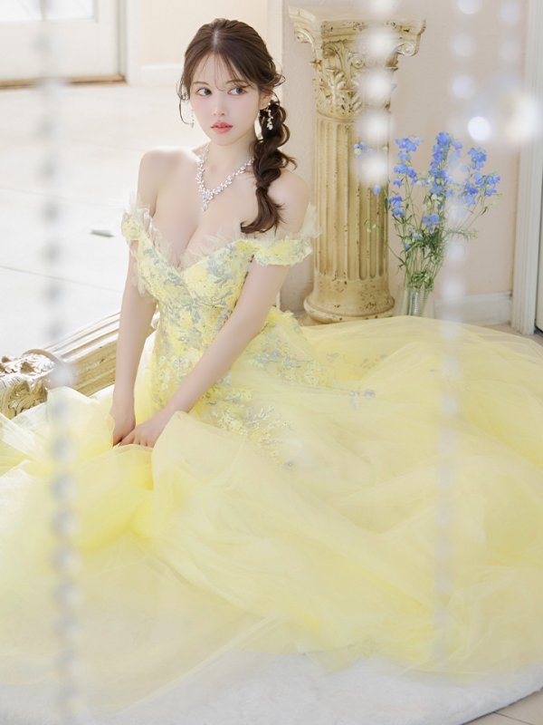 画像3: Lサイズあり【JEAN MACLEAN/ジャンマクレーン】立体フラワー/ 刺繍/ オフショルダー/ チュール/ Aライン/ フレア/ プリンセスロング/ ロングドレス/ キャバドレス long【HC02】 (3)