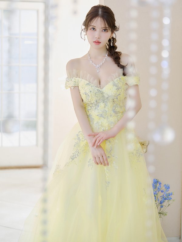 画像5: Lサイズあり【JEAN MACLEAN/ジャンマクレーン】立体フラワー/ 刺繍/ オフショルダー/ チュール/ Aライン/ フレア/ プリンセスロング/ ロングドレス/ キャバドレス long【HC02】 (5)