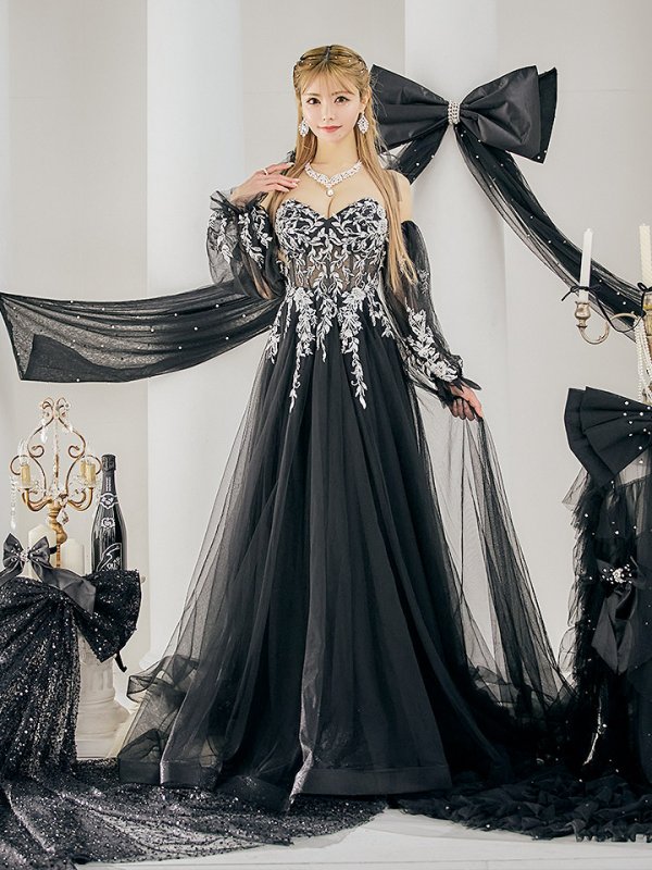 画像10: 【一条響/関西コレクション着用】Lサイズあり【JEAN MACLEAN/ジャンマクレーン】2way/ パフスリーブ/ 袖付き/ フラワー刺繍/ オフショルダー/ ベア/ チュール/ Aライン/ フレア/ プリンセスロング/ ロングドレス/ キャバドレス long【HC02】 (10)