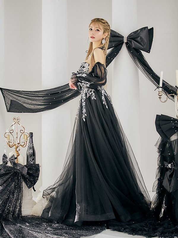 画像11: 【一条響/関西コレクション着用】Lサイズあり【JEAN MACLEAN/ジャンマクレーン】2way/ パフスリーブ/ 袖付き/ フラワー刺繍/ オフショルダー/ ベア/ チュール/ Aライン/ フレア/ プリンセスロング/ ロングドレス/ キャバドレス long【HC02】 (11)