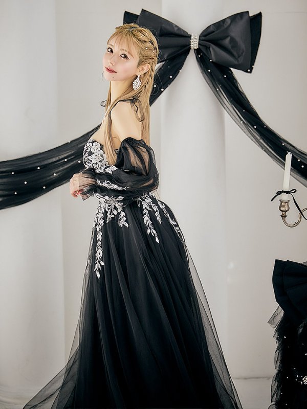 画像12: 【一条響/関西コレクション着用】Lサイズあり【JEAN MACLEAN/ジャンマクレーン】2way/ パフスリーブ/ 袖付き/ フラワー刺繍/ オフショルダー/ ベア/ チュール/ Aライン/ フレア/ プリンセスロング/ ロングドレス/ キャバドレス long【HC02】 (12)