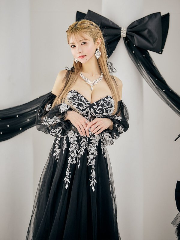 画像13: 【一条響/関西コレクション着用】Lサイズあり【JEAN MACLEAN/ジャンマクレーン】2way/ パフスリーブ/ 袖付き/ フラワー刺繍/ オフショルダー/ ベア/ チュール/ Aライン/ フレア/ プリンセスロング/ ロングドレス/ キャバドレス long【HC02】 (13)