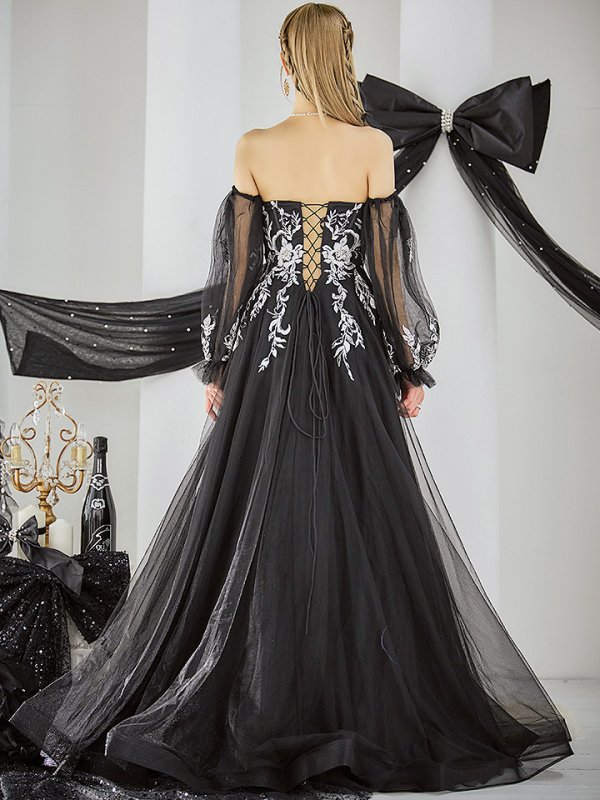 画像15: 【一条響/関西コレクション着用】Lサイズあり【JEAN MACLEAN/ジャンマクレーン】2way/ パフスリーブ/ 袖付き/ フラワー刺繍/ オフショルダー/ ベア/ チュール/ Aライン/ フレア/ プリンセスロング/ ロングドレス/ キャバドレス long【HC02】 (15)