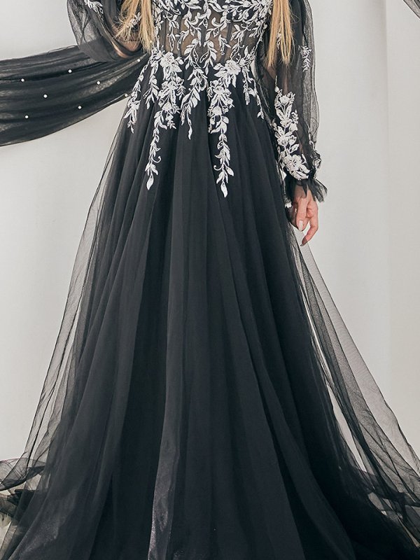 画像17: 【一条響/関西コレクション着用】Lサイズあり【JEAN MACLEAN/ジャンマクレーン】2way/ パフスリーブ/ 袖付き/ フラワー刺繍/ オフショルダー/ ベア/ チュール/ Aライン/ フレア/ プリンセスロング/ ロングドレス/ キャバドレス long【HC02】 (17)