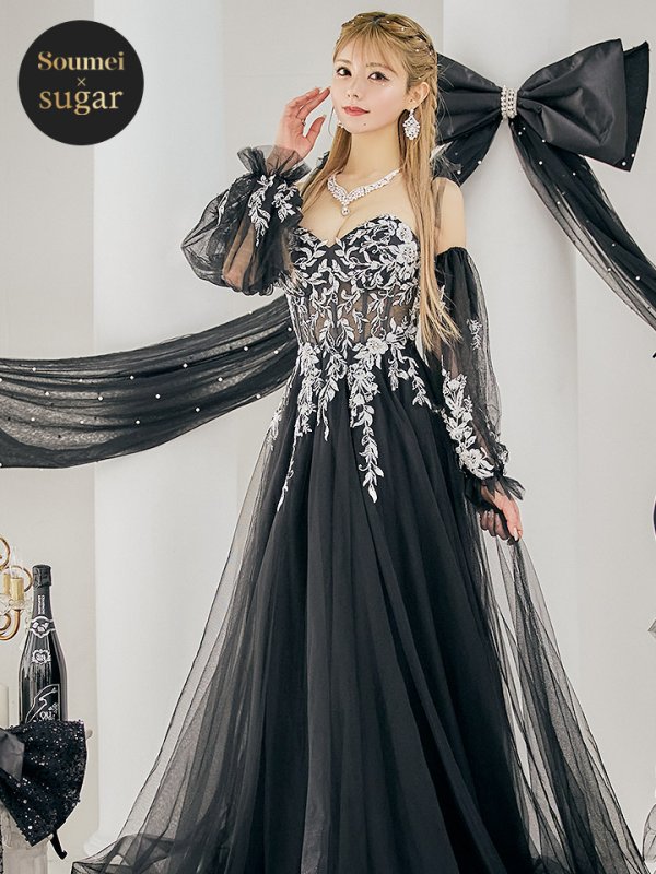 画像2: 【一条響/関西コレクション着用】Lサイズあり【JEAN MACLEAN/ジャンマクレーン】2way/ パフスリーブ/ 袖付き/ フラワー刺繍/ オフショルダー/ ベア/ チュール/ Aライン/ フレア/ プリンセスロング/ ロングドレス/ キャバドレス long【HC02】 (2)