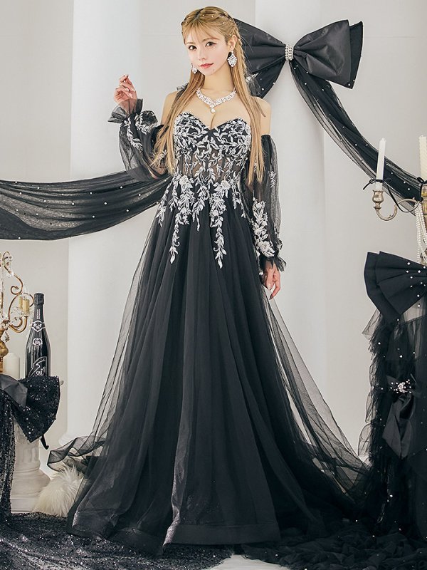 画像4: 【一条響/関西コレクション着用】Lサイズあり【JEAN MACLEAN/ジャンマクレーン】2way/ パフスリーブ/ 袖付き/ フラワー刺繍/ オフショルダー/ ベア/ チュール/ Aライン/ フレア/ プリンセスロング/ ロングドレス/ キャバドレス long【HC02】 (4)