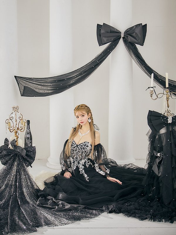 画像5: 【一条響/関西コレクション着用】Lサイズあり【JEAN MACLEAN/ジャンマクレーン】2way/ パフスリーブ/ 袖付き/ フラワー刺繍/ オフショルダー/ ベア/ チュール/ Aライン/ フレア/ プリンセスロング/ ロングドレス/ キャバドレス long【HC02】 (5)