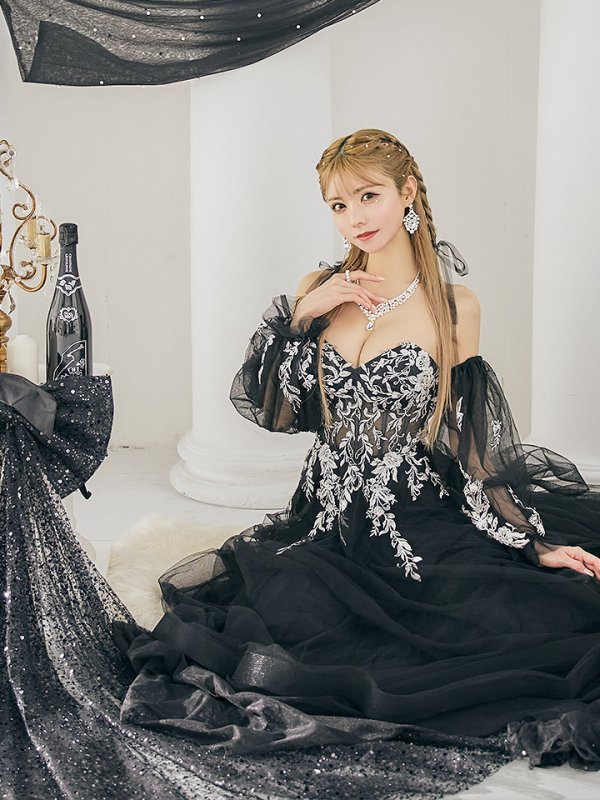 画像6: 【一条響/関西コレクション着用】Lサイズあり【JEAN MACLEAN/ジャンマクレーン】2way/ パフスリーブ/ 袖付き/ フラワー刺繍/ オフショルダー/ ベア/ チュール/ Aライン/ フレア/ プリンセスロング/ ロングドレス/ キャバドレス long【HC02】 (6)