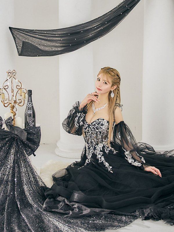 画像7: 【一条響/関西コレクション着用】Lサイズあり【JEAN MACLEAN/ジャンマクレーン】2way/ パフスリーブ/ 袖付き/ フラワー刺繍/ オフショルダー/ ベア/ チュール/ Aライン/ フレア/ プリンセスロング/ ロングドレス/ キャバドレス long【HC02】 (7)