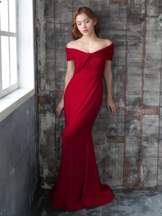 【MAC DUGGAL】ロングドレス ブルー 無地 タイト フレア 花 JEANMACLEAN/ジャンマクレーン】シンプル オフショルダー