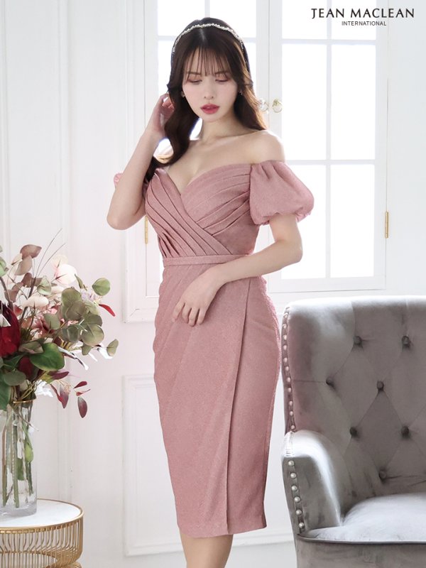 画像17: Lサイズあり【JEAN MACLEAN/ジャンマクレーン】タック/ ラメニット/ オフショルダー/ ストレッチ/ タイト/ 膝丈/ ミディアムドレス/ キャバドレス【HC02】 (17)