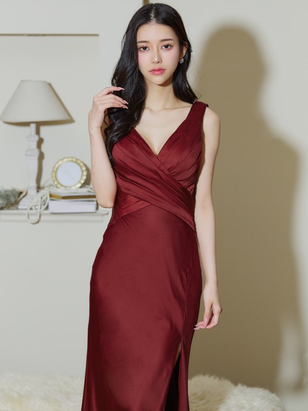 画像2: 【JEAN MACLEAN/ジャンマクレーン】ワンカラー/ ノースリーブ/ Vネック/ スリット/ ストレッチ/ タイト/ ロングドレス/ キャバドレスlong【HC02】 (2)