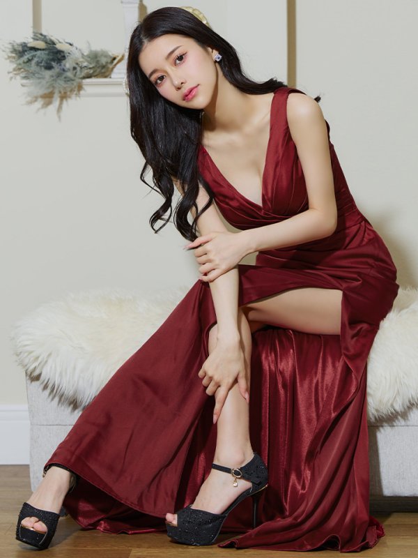 画像4: 【JEAN MACLEAN/ジャンマクレーン】ワンカラー/ ノースリーブ/ Vネック/ スリット/ ストレッチ/ タイト/ ロングドレス/ キャバドレスlong【HC02】 (4)