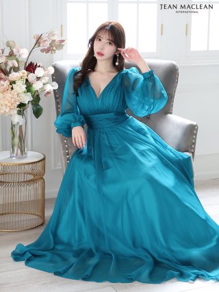 MAC DUGGAL パフスリーブ シフォン ロング カラードレス 黒 緑 Glossy/グロッシー】レーススリーブ/ 七分袖/ 長袖/ 袖あり