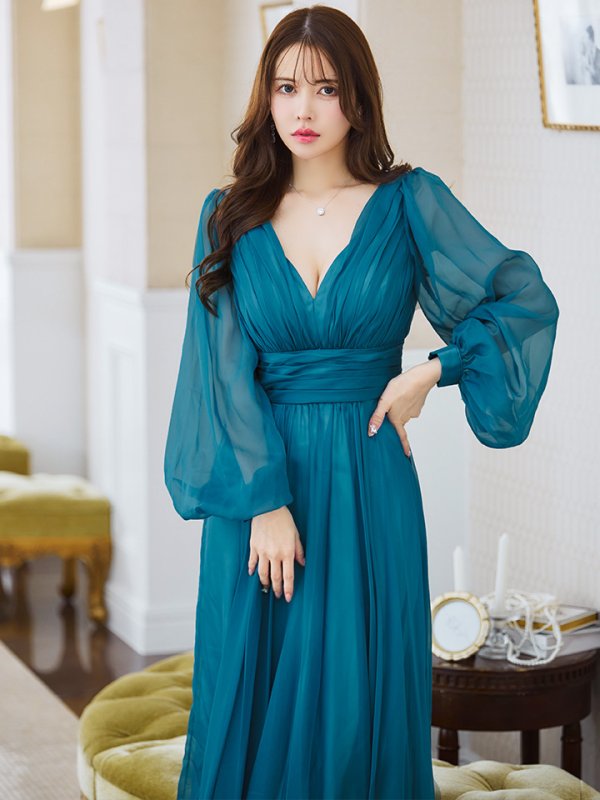 画像6: Lサイズあり【JEAN MACLEAN/ジャンマクレーン】シフォン/ Vネック/ 無地/ ロングスリーブ/ パフスリーブ/ Aライン/ フレア/ ロング/ キャバドレス long【HC02】 (6)