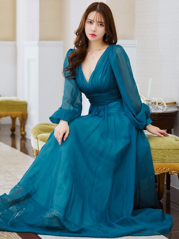 画像7: Lサイズあり【JEAN MACLEAN/ジャンマクレーン】シフォン/ Vネック/ 無地/ ロングスリーブ/ パフスリーブ/ Aライン/ フレア/ ロング/ キャバドレス long【HC02】 (7)