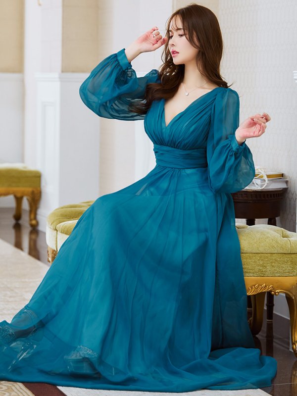 画像8: Lサイズあり【JEAN MACLEAN/ジャンマクレーン】シフォン/ Vネック/ 無地/ ロングスリーブ/ パフスリーブ/ Aライン/ フレア/ ロング/ キャバドレス long【HC02】 (8)