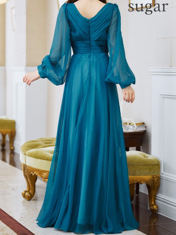 画像13: Lサイズあり【JEAN MACLEAN/ジャンマクレーン】シフォン/ Vネック/ 無地/ ロングスリーブ/ パフスリーブ/ Aライン/ フレア/ ロング/ キャバドレス long【HC02】 (13)