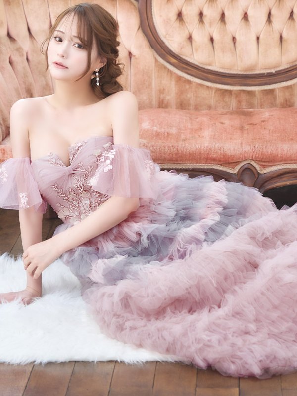 画像2: Lサイズあり【JEAN MACLEAN/ジャンマクレーン】2way/ ベア/ オフショル/ パフスリーブ/ フラワー刺繍/ チュール/ レース/ Aライン/ フレア/ プリンセスロング/ ロングドレス/ キャバドレス long【HC02】 (2)