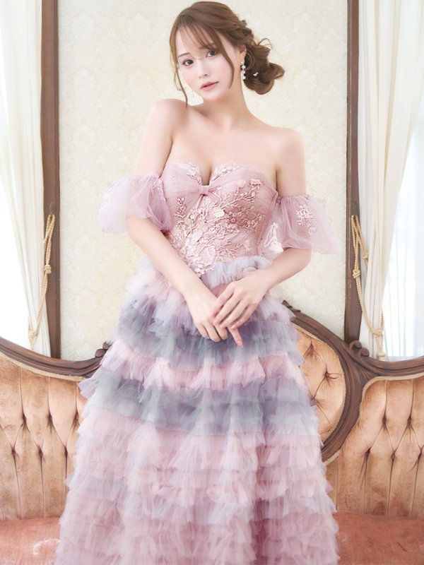 画像3: Lサイズあり【JEAN MACLEAN/ジャンマクレーン】2way/ ベア/ オフショル/ パフスリーブ/ フラワー刺繍/ チュール/ レース/ Aライン/ フレア/ プリンセスロング/ ロングドレス/ キャバドレス long【HC02】 (3)