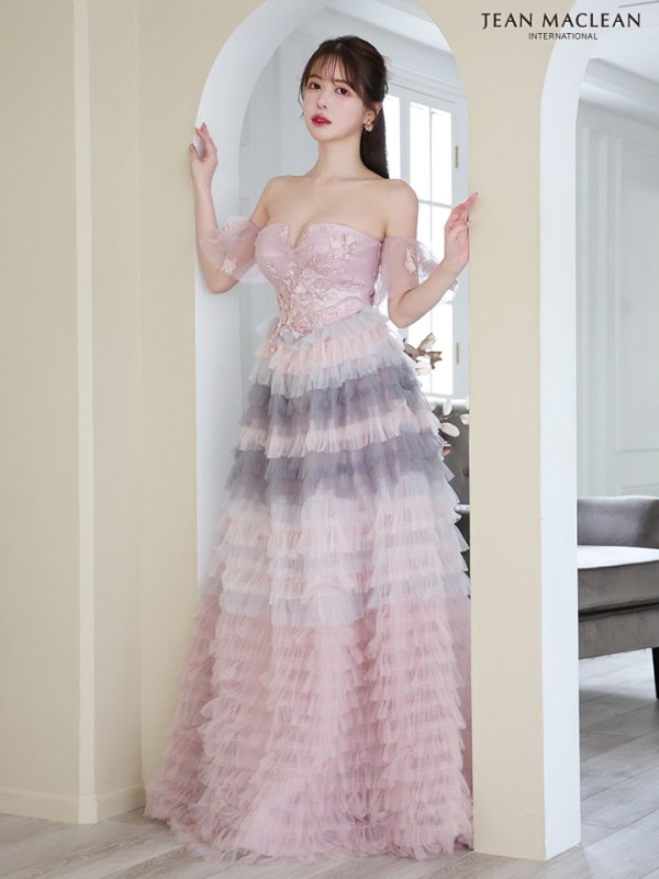 画像4: Lサイズあり【JEAN MACLEAN/ジャンマクレーン】2way/ ベア/ オフショル/ パフスリーブ/ フラワー刺繍/ チュール/ レース/ Aライン/ フレア/ プリンセスロング/ ロングドレス/ キャバドレス long【HC02】 (4)