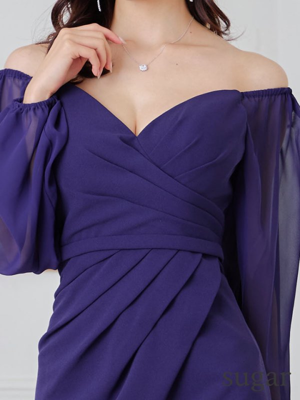 画像10: Lサイズあり【JEAN MACLEAN/ジャンマクレーン】オフショルダー/ シフォンスリーブ/ タック/ 膝丈/ ストレッチ/ タイト/ ミディアムドレス/ キャバドレス【HC02】 (10)