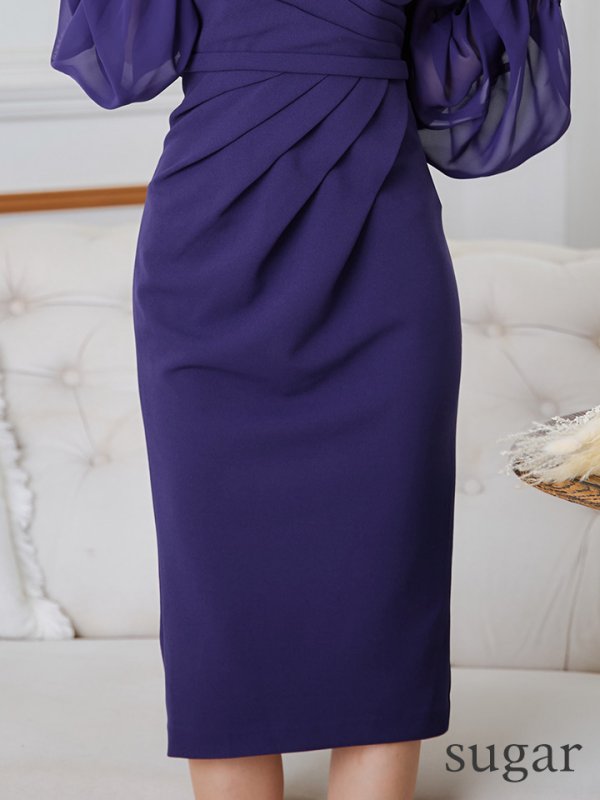 画像11: Lサイズあり【JEAN MACLEAN/ジャンマクレーン】オフショルダー/ シフォンスリーブ/ タック/ 膝丈/ ストレッチ/ タイト/ ミディアムドレス/ キャバドレス【HC02】 (11)