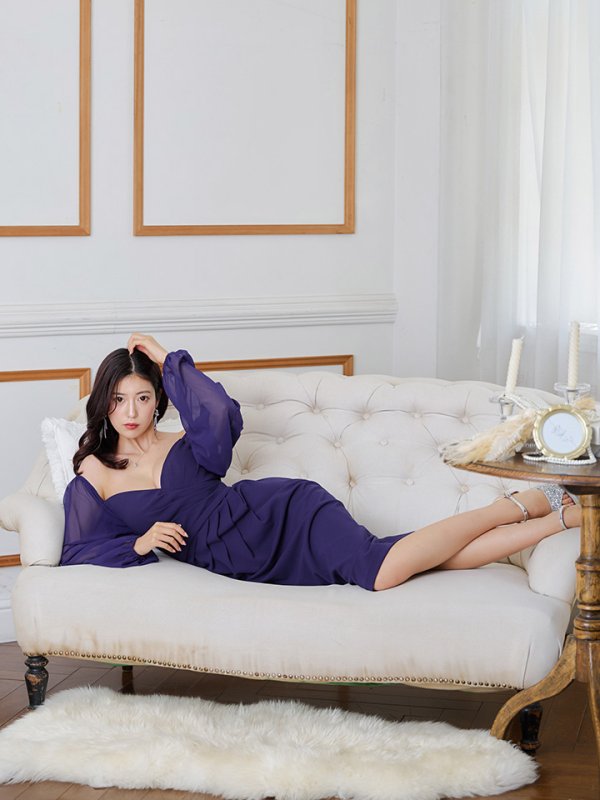 画像4: Lサイズあり【JEAN MACLEAN/ジャンマクレーン】オフショルダー/ シフォンスリーブ/ タック/ 膝丈/ ストレッチ/ タイト/ ミディアムドレス/ キャバドレス【HC02】 (4)