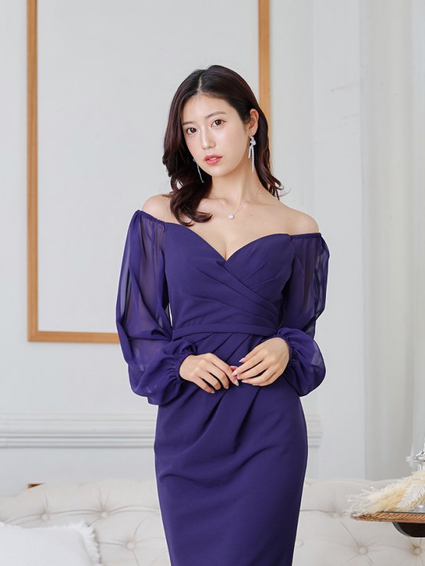 画像6: Lサイズあり【JEAN MACLEAN/ジャンマクレーン】オフショルダー/ シフォンスリーブ/ タック/ 膝丈/ ストレッチ/ タイト/ ミディアムドレス/ キャバドレス【HC02】 (6)