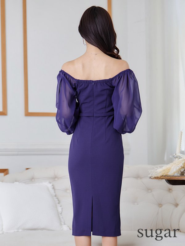 画像9: Lサイズあり【JEAN MACLEAN/ジャンマクレーン】オフショルダー/ シフォンスリーブ/ タック/ 膝丈/ ストレッチ/ タイト/ ミディアムドレス/ キャバドレス【HC02】 (9)