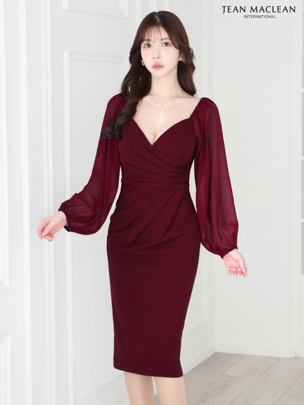 画像19: Lサイズあり【JEAN MACLEAN/ジャンマクレーン】オフショルダー/ シフォンスリーブ/ タック/ 膝丈/ ストレッチ/ タイト/ ミディアムドレス/ キャバドレス【HC02】 (19)