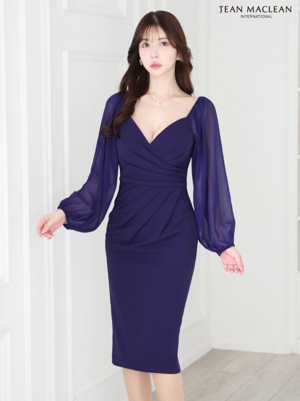 画像14: Lサイズあり【JEAN MACLEAN/ジャンマクレーン】オフショルダー/ シフォンスリーブ/ タック/ 膝丈/ ストレッチ/ タイト/ ミディアムドレス/ キャバドレス【HC02】 (14)
