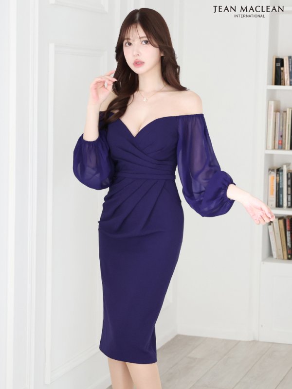 画像13: Lサイズあり【JEAN MACLEAN/ジャンマクレーン】オフショルダー/ シフォンスリーブ/ タック/ 膝丈/ ストレッチ/ タイト/ ミディアムドレス/ キャバドレス【HC02】 (13)