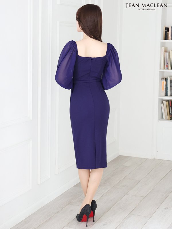 画像15: Lサイズあり【JEAN MACLEAN/ジャンマクレーン】オフショルダー/ シフォンスリーブ/ タック/ 膝丈/ ストレッチ/ タイト/ ミディアムドレス/ キャバドレス【HC02】 (15)