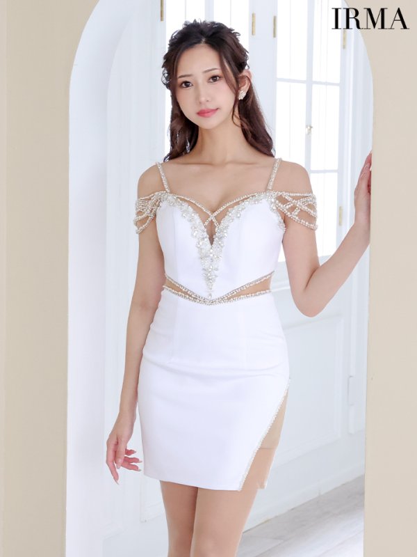 画像2: XSサイズあり【IRMA/イルマ】パール/ ビジュー/ オフショル風デザイン/ カットアウト/ タイト/ ミニドレス/ キャバドレス【HC02】 (2)