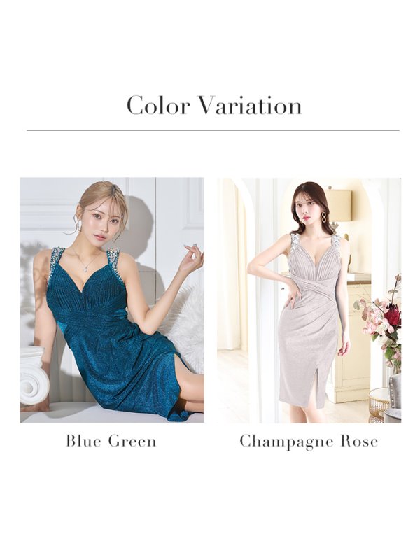 画像17: Lサイズあり【JEAN MACLEAN/ジャンマクレーン】ラメ/ ビジュー/ タック/ ノースリーブ/ ワンカラー/ タイト/ ひざ丈/ ミディアムドレス/ キャバドレス【HC02】 (17)