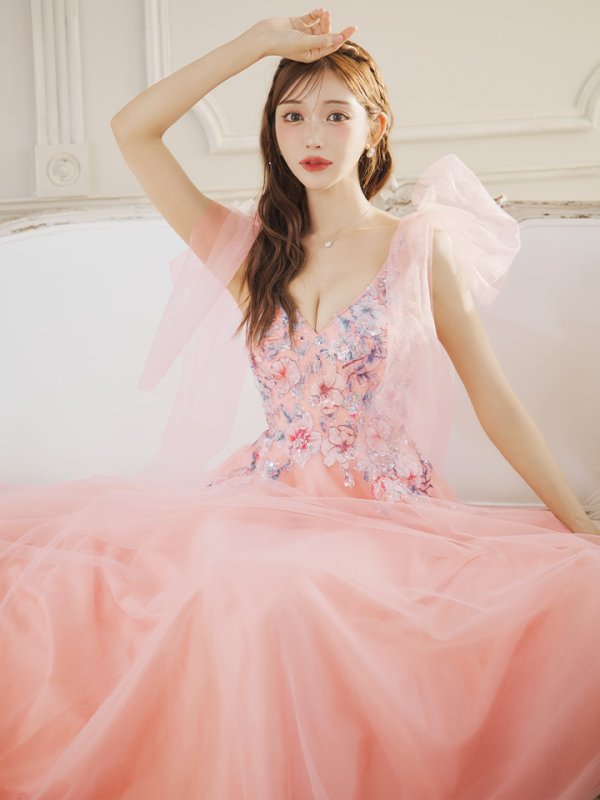 画像2: Lサイズあり【JEAN MACLEAN/ジャンマクレーン】ショルダーリボン/ フラワー刺繍/ チュール/ ノースリーブ/ Aライン/ フレア/ プリンセス/ ロングドレス/ キャバドレス long【HC02】 (2)