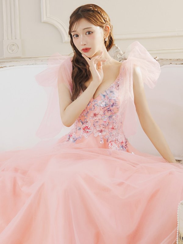 画像4: Lサイズあり【JEAN MACLEAN/ジャンマクレーン】ショルダーリボン/ フラワー刺繍/ チュール/ ノースリーブ/ Aライン/ フレア/ プリンセス/ ロングドレス/ キャバドレス long【HC02】 (4)