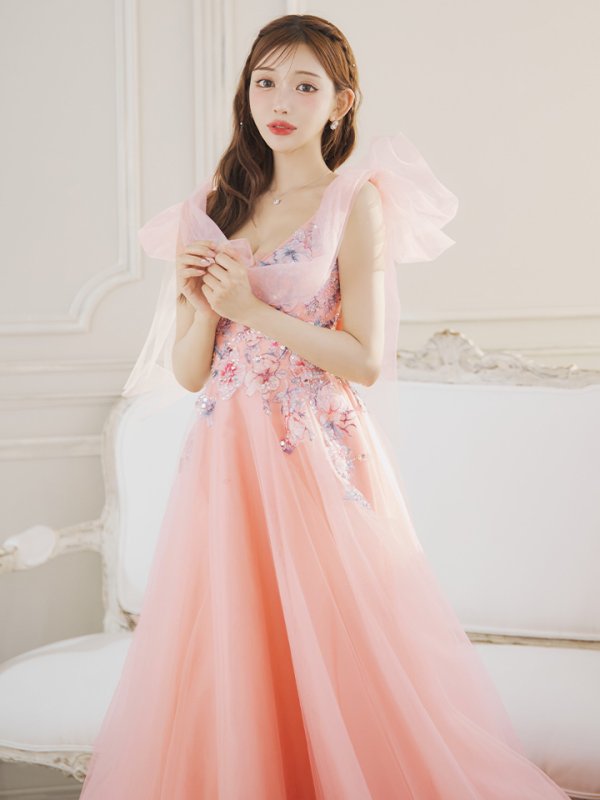 画像5: Lサイズあり【JEAN MACLEAN/ジャンマクレーン】ショルダーリボン/ フラワー刺繍/ チュール/ ノースリーブ/ Aライン/ フレア/ プリンセス/ ロングドレス/ キャバドレス long【HC02】 (5)