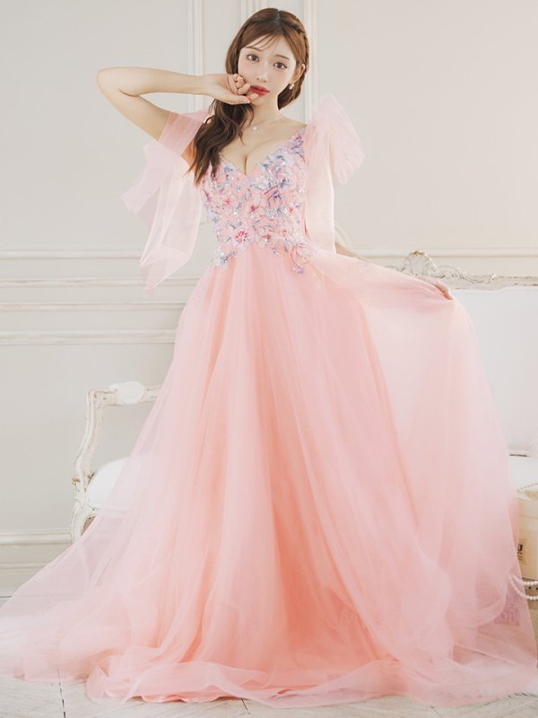 画像6: Lサイズあり【JEAN MACLEAN/ジャンマクレーン】ショルダーリボン/ フラワー刺繍/ チュール/ ノースリーブ/ Aライン/ フレア/ プリンセス/ ロングドレス/ キャバドレス long【HC02】 (6)