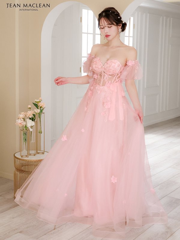 画像5: Lサイズあり【JEAN MACLEAN/ジャンマクレーン】2way/ パフスリーブ付き/ ベア/ 立体フラワー/ シアー/ チュールリボン/ Aライン/ フレア/ プリンセス/ ロングドレス/ キャバドレス long【HC02】 (5)