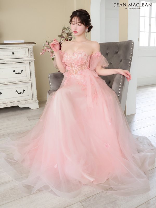 画像3: Lサイズあり【JEAN MACLEAN/ジャンマクレーン】2way/ パフスリーブ付き/ ベア/ 立体フラワー/ シアー/ チュールリボン/ Aライン/ フレア/ プリンセス/ ロングドレス/ キャバドレス long【HC02】 (3)