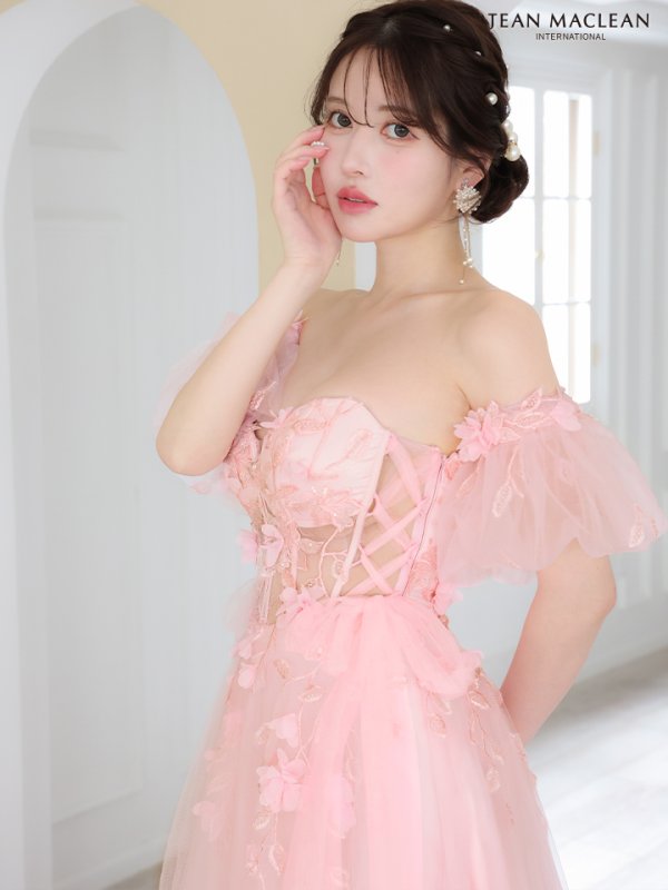 画像6: Lサイズあり【JEAN MACLEAN/ジャンマクレーン】2way/ パフスリーブ付き/ ベア/ 立体フラワー/ シアー/ チュールリボン/ Aライン/ フレア/ プリンセス/ ロングドレス/ キャバドレス long【HC02】 (6)