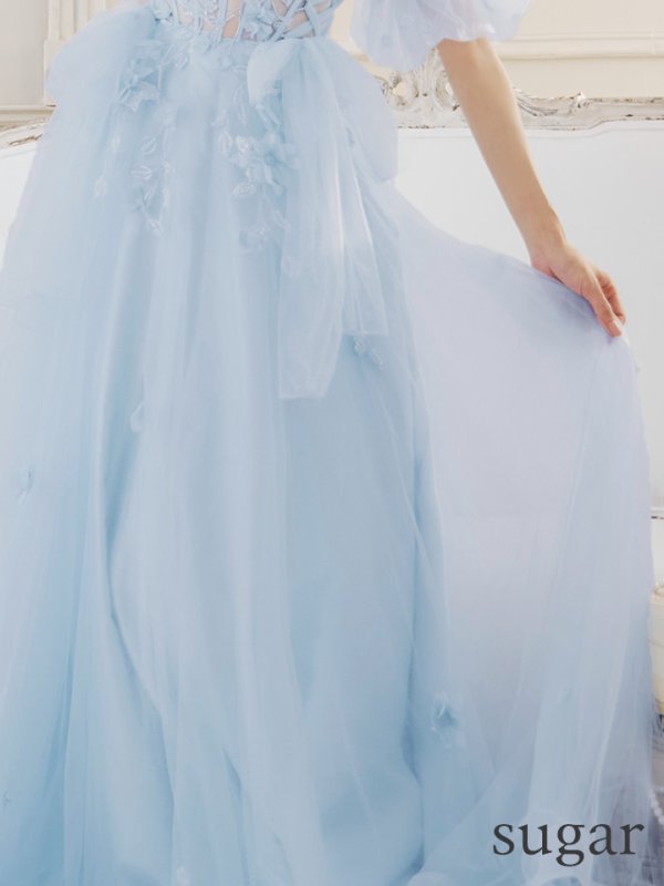 画像10: Lサイズあり【JEAN MACLEAN/ジャンマクレーン】2way/ パフスリーブ付き/ ベア/ 立体フラワー/ シアー/ チュールリボン/ Aライン/ フレア/ プリンセス/ ロングドレス/ キャバドレス long【HC02】 (10)