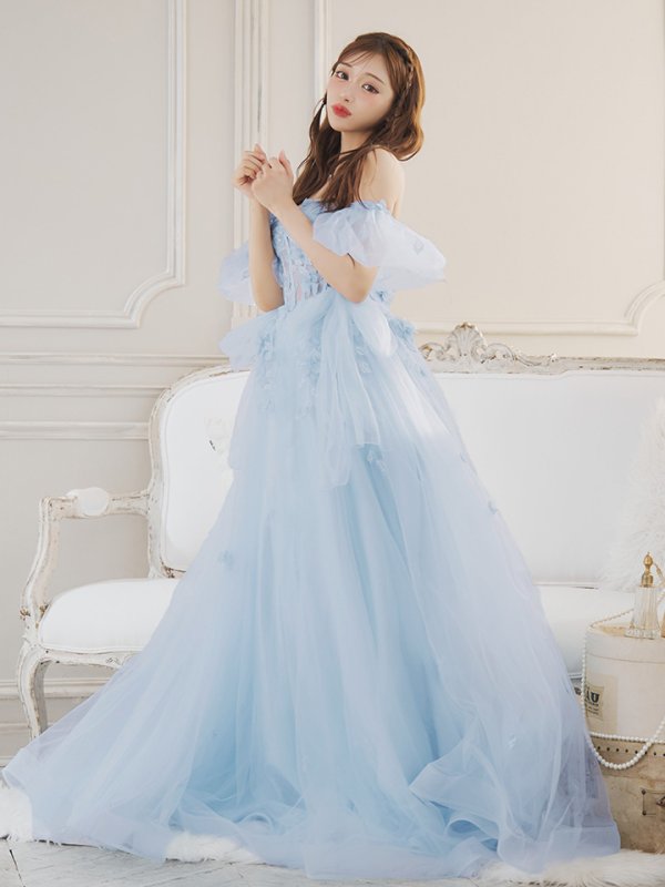 画像3: Lサイズあり【JEAN MACLEAN/ジャンマクレーン】2way/ パフスリーブ付き/ ベア/ 立体フラワー/ シアー/ チュールリボン/ Aライン/ フレア/ プリンセス/ ロングドレス/ キャバドレス long【HC02】 (3)