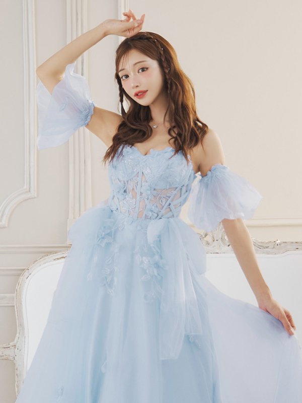 画像4: Lサイズあり【JEAN MACLEAN/ジャンマクレーン】2way/ パフスリーブ付き/ ベア/ 立体フラワー/ シアー/ チュールリボン/ Aライン/ フレア/ プリンセス/ ロングドレス/ キャバドレス long【HC02】 (4)